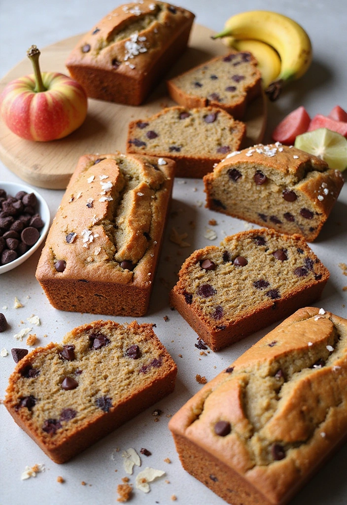 Various vegan banana bread variations, featuring chocolate chips, coconut, and colorful fruits beautifully arranged on a table