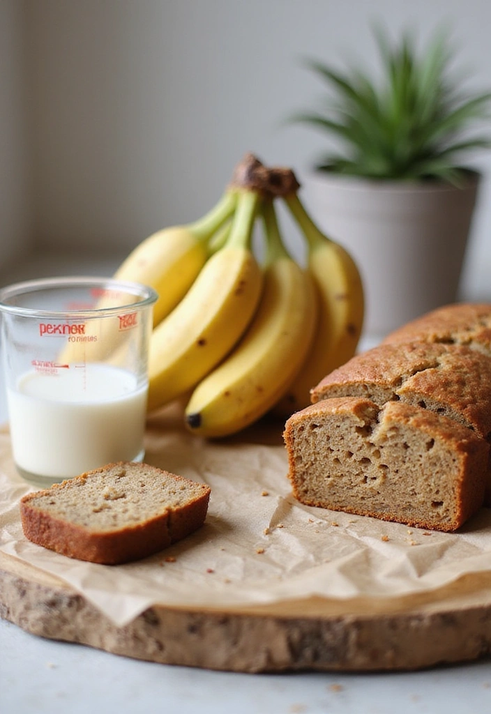 A warm, freshly baked vegan banana bread, sliced beautifully, resting on a rustic wooden table surrounded by ripe bananas, a sprinkle of walnuts, and a cozy kitchen setting with soft, natural light.