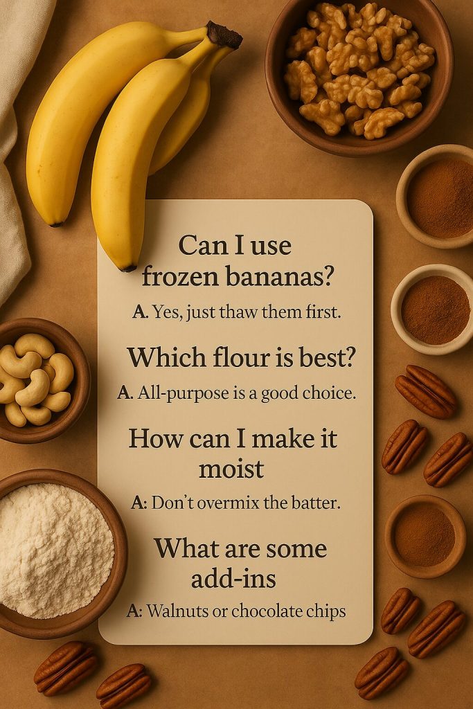 An informative layout of frequently asked questions with a focus on baking tips and tricks for vegan banana bread