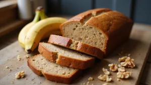A warm, freshly baked vegan banana bread, sliced beautifully, resting on a rustic wooden table surrounded by ripe bananas, a sprinkle of walnuts, and a cozy kitchen setting with soft, natural light.