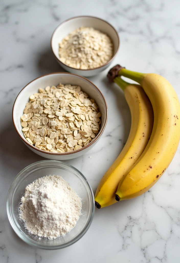 A collection of ingredients for vegan banana bread, featuring bananas, oats, flour, and syrup in stylish glass bowls on a kitchen counter.