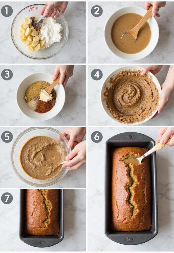 A step-by-step visual guide laid out on a kitchen counter showing the baking process for vegan banana bread, from mixing ingredients to pouring into the loaf pan.