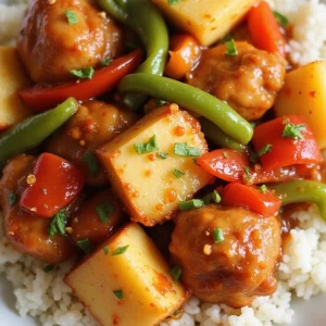 A close-up of a plate of baked sweet and sour chicken served over white rice, featuring golden brown chicken pieces, cubed pineapples, green bell pepper strips, and red bell pepper chunks in a glossy sauce, garnished with chopped herbs