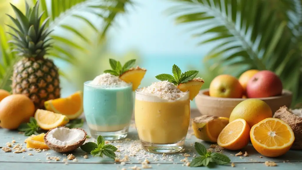 A vibrant summer setting with a table adorned with colorful coconut cream drinks, tropical fruits like pineapples and mangoes, and beautiful beach-themed decor. The drinks are visually striking, showcasing creamy textures topped with coconut flakes and garnished with fresh mint leaves. Sunlight filtering through palm leaves in the background adds to the atmosphere.