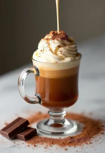 A luxurious Affogato Delight showcasing hot espresso poured over a scoop of vanilla ice cream in an elegant glass cup. Surround it with a sprinkle of cocoa powder and chocolate shavings on a marble countertop.
