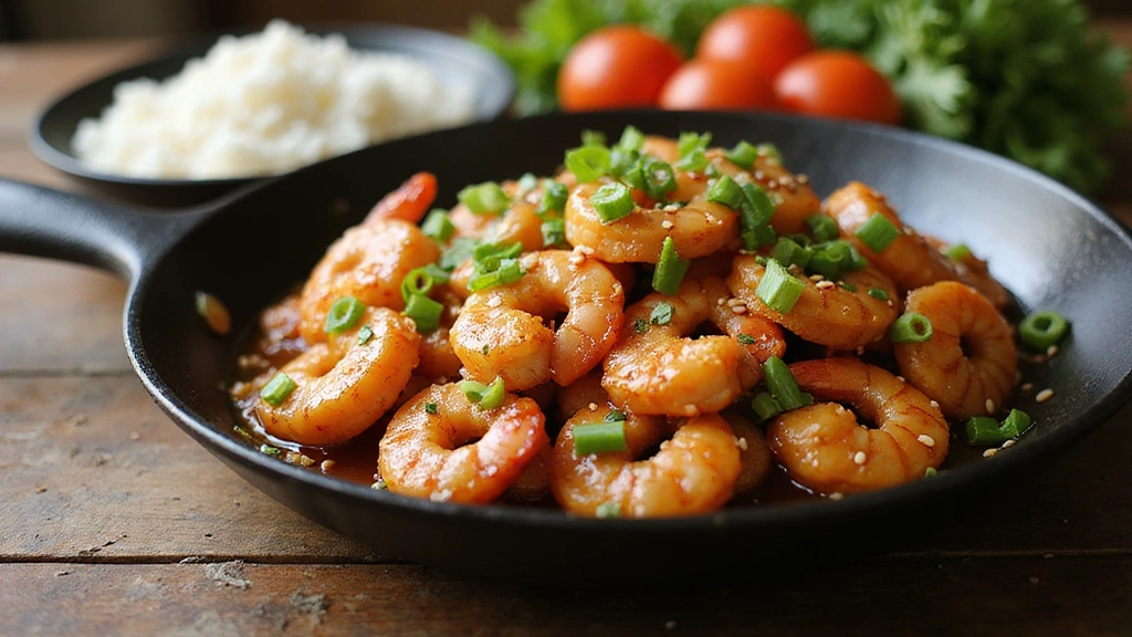 A vibrant skillet filled with glistening honey garlic shrimp, garnished with chopped green onions and sesame seeds, placed on a wooden table. Includes a side of fluffy white rice and colorful vegetables, with warm, soft lighting to enhance the inviting atmosphere.