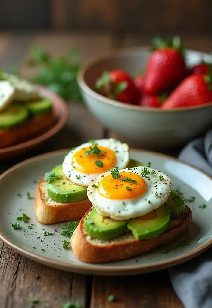 Healthy breakfast recipes with eggs: A rustic wooden table featuring a plate of avocado toast topped with perfectly poached eggs, garnished with herbs and accompanied by a colorful fruit bowl.