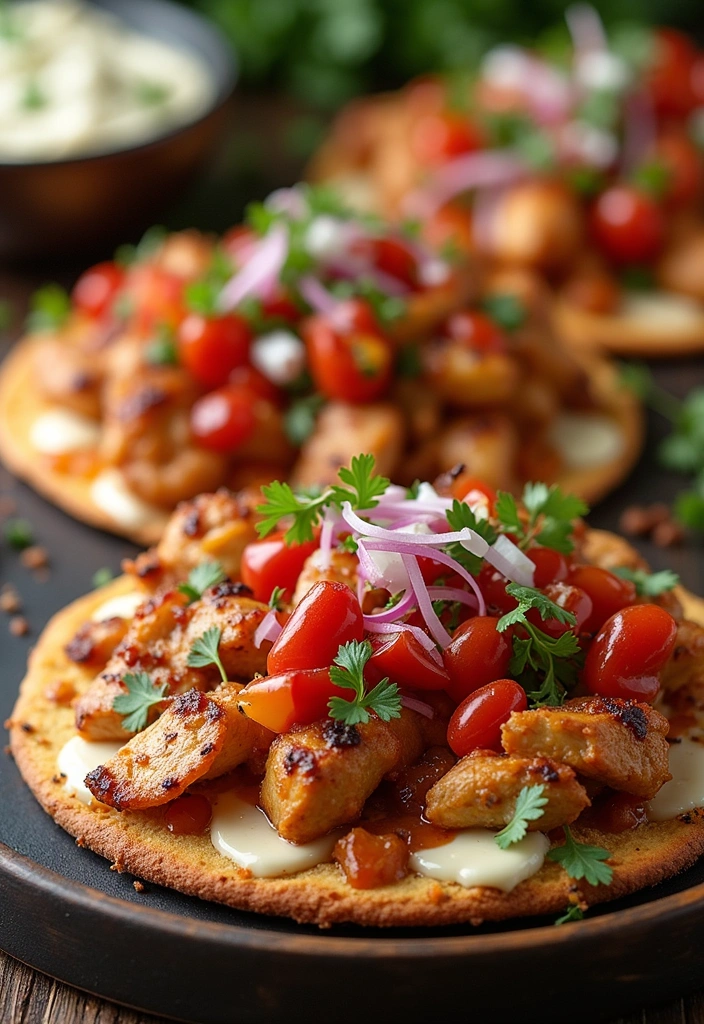 A platter of BBQ Chicken Flatbreads, topped with vibrant ingredients