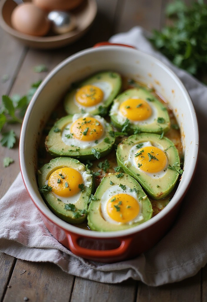 Healthy Breakfast Recipes: Baked avocado eggs served in a baking dish, garnished with herbs, elegantly presented on a rustic kitchen table.