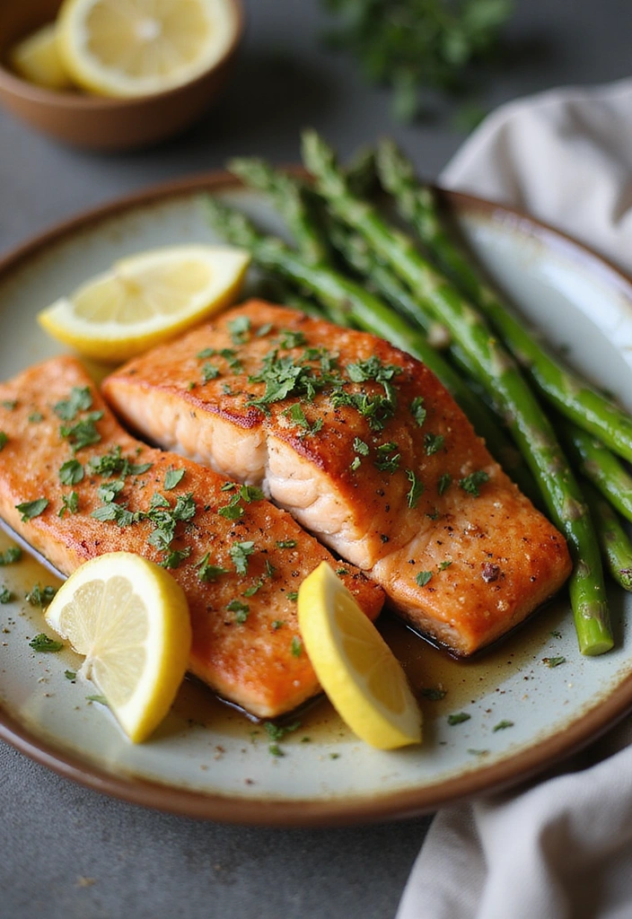 A beautifully plated Baked Salmon with Asparagus, garnished with lemon, served on a rustic dinner plate, arranged spectacularly