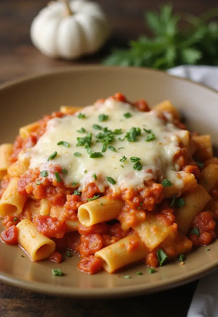 A cheesy, bubbling dish of Baked Ziti served hot from the oven, garnished with fresh herbs