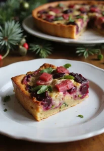 An elegant slice of beetroot and goat cheese frittata plated