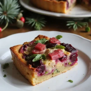 An elegant slice of beetroot and goat cheese frittata plated
