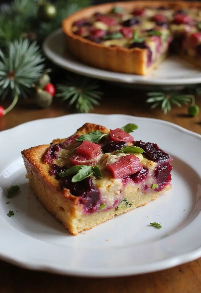 An elegant slice of beetroot and goat cheese frittata plated