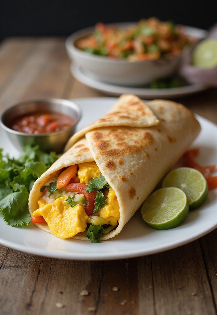 Breakfast Recipes with Eggs: A colorful breakfast burrito filled with eggs and veggies, neatly wrapped and plated alongside fresh salsa, set on a rustic table.