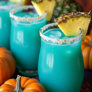 Bright blue tropical drinks served in colorful glasses with pineapple slices, placed on a festive Halloween-themed table
