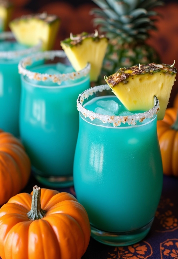 Bright blue tropical drinks served in colorful glasses with pineapple slices, placed on a festive Halloween-themed table