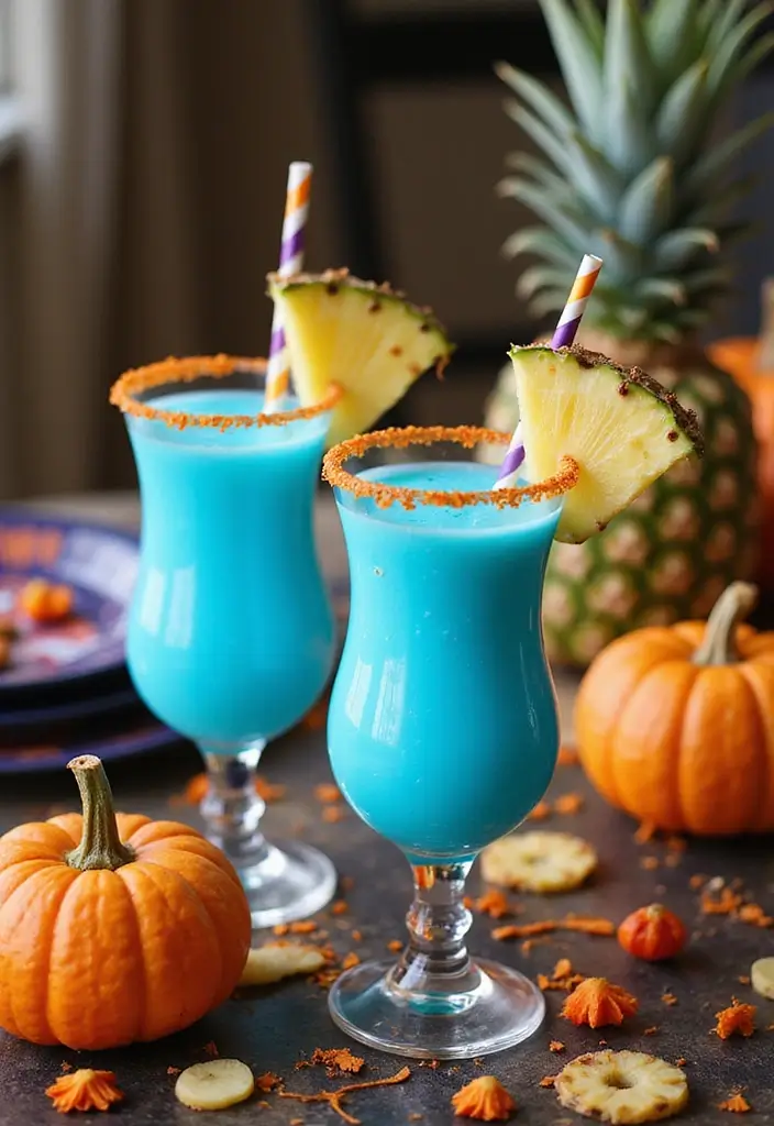 Blue Hawaiian Cocktail: Bright blue tropical drinks served in colorful glasses with pineapple slices, placed on a festive Halloween-themed table