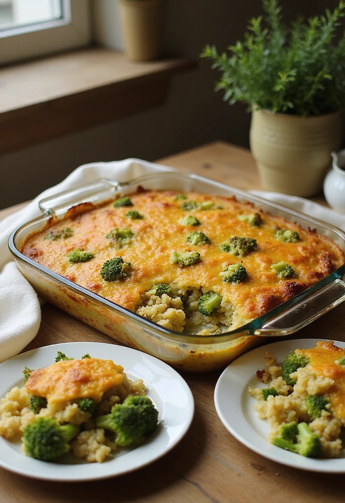 A bubbling cheesy broccoli and rice casserole in a glass baking dish, with portions served on plates beside it.