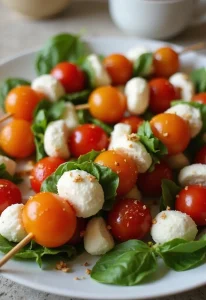 A platter of colorful Caprese skewers with cherry tomatoes, mozzarella balls, and fresh basil, beautifully arranged for a festive holiday appetizer.