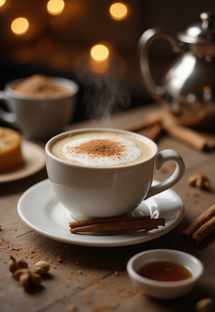 A steaming cup of Chai Latte with a sprinkle of cinnamon on top, surrounded by whole spices like cardamom and cinnamon sticks, and a small bowl of honey. The background is a cozy kitchen setting with soft lighting. The scene is inviting and warm.