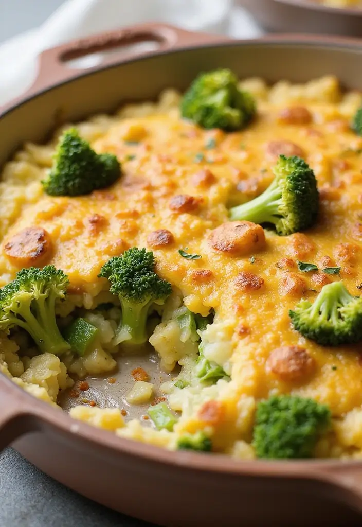 A delightful Cheesy Broccoli and Rice Casserole, baked to a golden brown, served in a rustic dish, presented beautifully