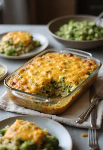 A cozy kitchen scene showcasing a bubbling cheesy broccoli and rice casserole in a glass baking dish, with portions served on plates beside it.