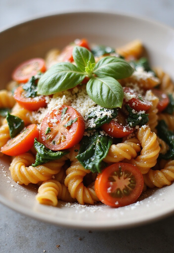 A creamy bowl of Cheesy Spinach and Tomato Pasta, featuring vibrant colors from fresh ingredients, served with a sprinkle of cheese