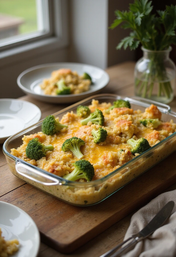 A bubbling cheesy broccoli and rice casserole in a glass baking dish, with portions served on plates beside it.