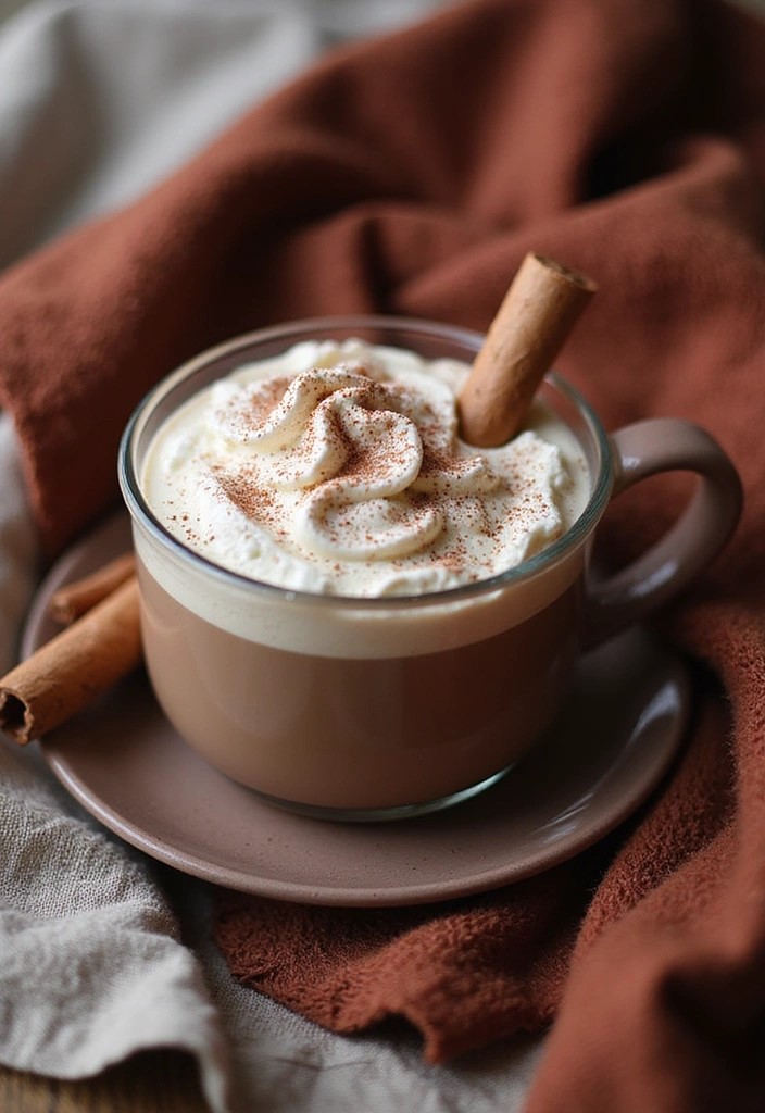 A rich cup of Chocolate Chai Tea topped with whipped cream and a dusting of cocoa powder, with a cinnamon stick alongside. The setting is cozy, featuring warm colors and a soft blanket, creating a comforting atmosphere.