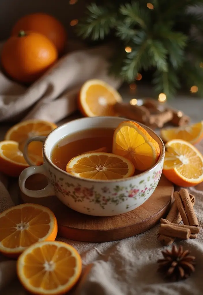 A warmly brewed cup of Cinnamon Orange Spice Tea with cinnamon sticks and fresh orange slices adorning the scene. The setting is a cozy nook with a warm blanket and ambient lighting, enhancing the comforting mood.