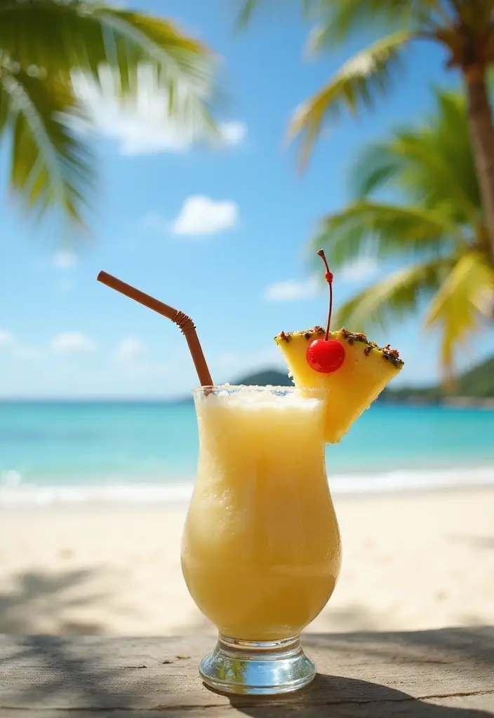 A refreshing Classic Piña Colada in a chilled glass garnished with a slice of fresh pineapple and a cherry. The background features a sunny beach scene with palm trees swaying in the breeze.