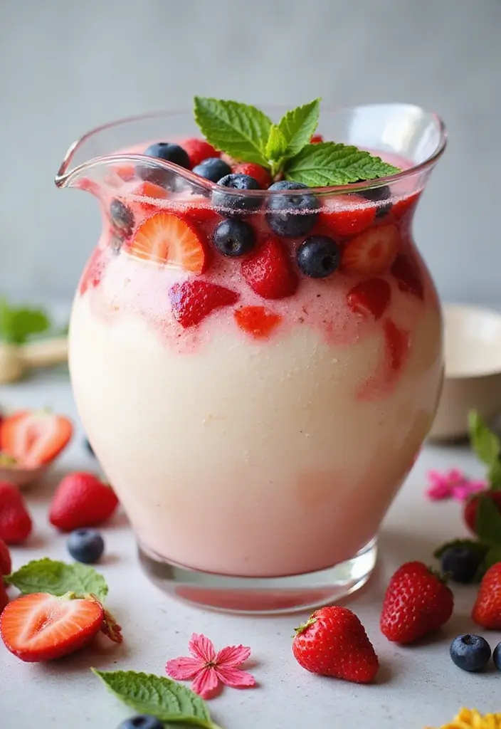 A colorful Coconut Berry Punch served in a large pitcher with fresh berries and mint leaves, surrounded by festive summer decorations. The drink looks refreshing and inviting.