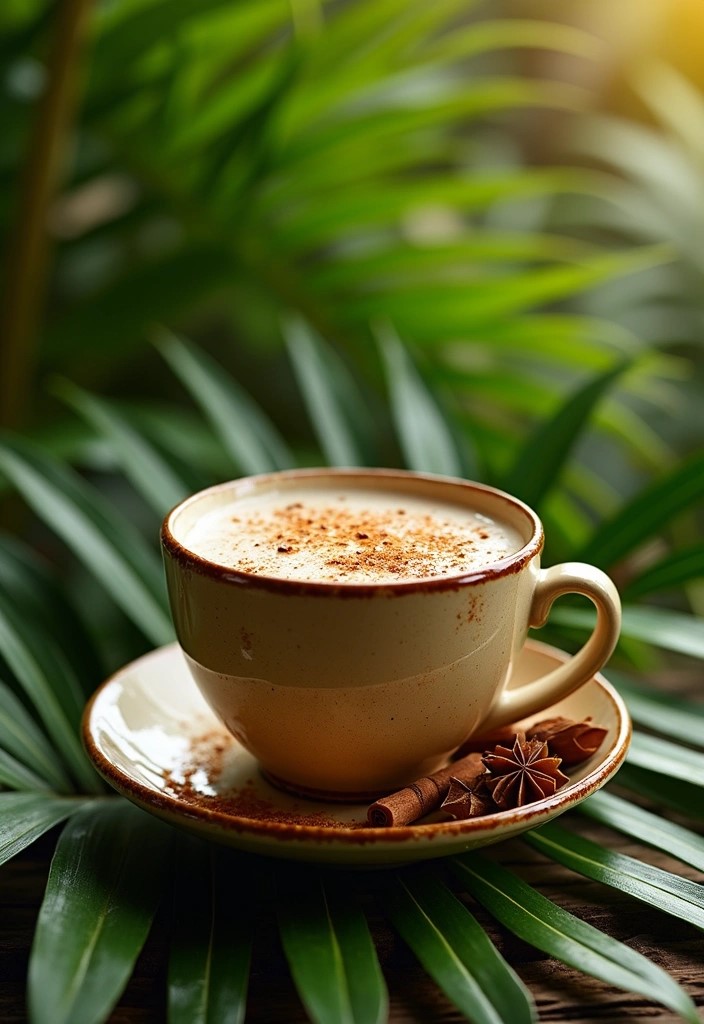 A beautiful cup of Coconut Chai Tea, garnished with a sprinkle of chai spices, set against a tropical backdrop with palm leaves. The scene feels warm and inviting, evoking a sense of relaxation.