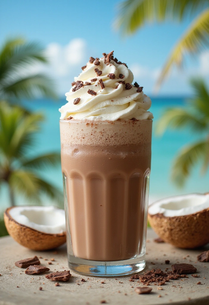 A rich Coconut Cream Chocolate Milkshake topped with whipped cream and chocolate shavings, served in a tall glass against a colorful summer setting.