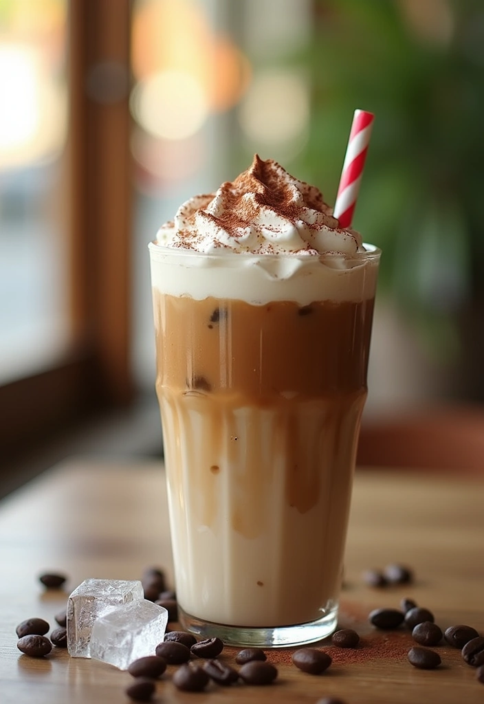 A refreshing glass of Coconut Cream Iced Coffee topped with whipped cream and cocoa powder, placed on a table with coffee beans and ice cubes scattered around. The background features a cozy, sunlit coffee shop setting.