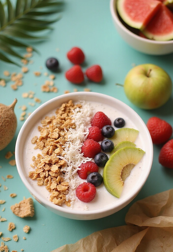 A colorful Coconut Cream Smoothie Bowl topped with an array of fresh fruits, granola, and shredded coconut