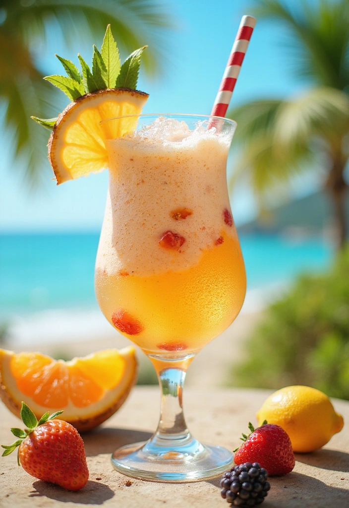 A Coconut Cream Sparkler in a clear glass bubbling with soda and garnished with fresh fruits, surrounded by a festive summer setting.
