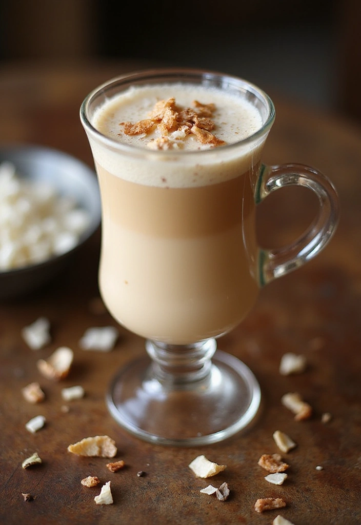 A refreshing glass of Coconut Cream Tea filled with ice and garnished with toasted coconut, surrounded by tea leaves and a cozy setting.
