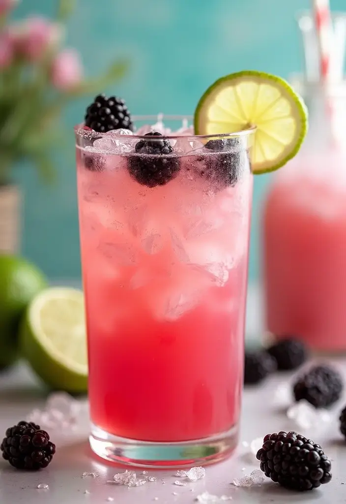 A Coconut Cream and Blackberry Limeade in a clear glass filled with ice, garnished with fresh blackberries and lime slices, set against a colorful summer backdrop.