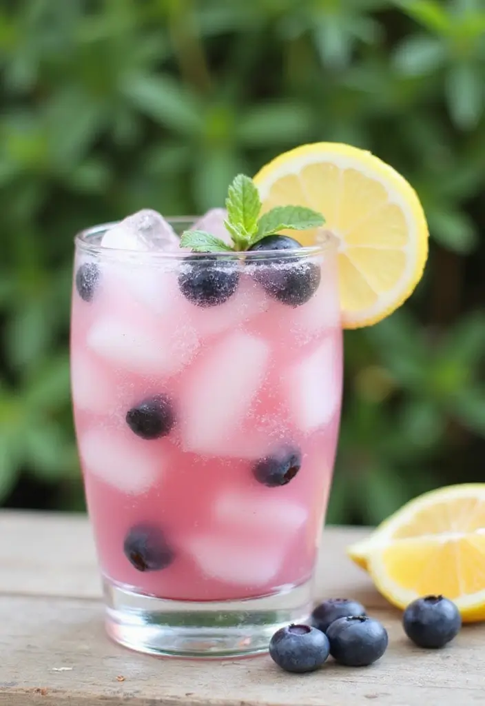 A Coconut Cream and Blueberry Fizz in a clear glass filled with ice, garnished with blueberries and lemon slices