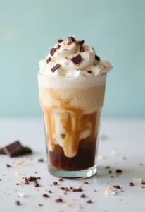 A Coconut Cream and Coffee Affogato served in a clear glass with ice cream melting under hot espresso, garnished with shredded coconut and dark chocolate shavings