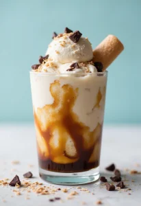 A Coconut Cream and Coffee Affogato served in a clear glass with ice cream melting under hot espresso, garnished with shredded coconut and dark chocolate shavings, set against a light and airy summer background.
