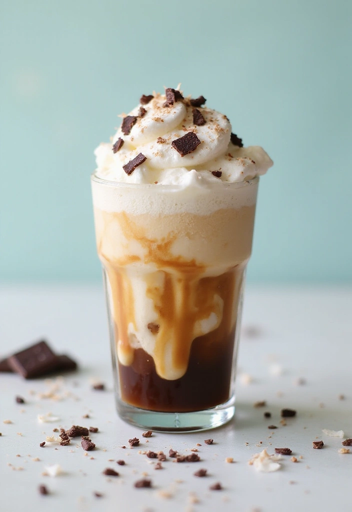 A Coconut Cream and Coffee Affogato served in a clear glass with ice cream melting under hot espresso, garnished with shredded coconut and dark chocolate shavings