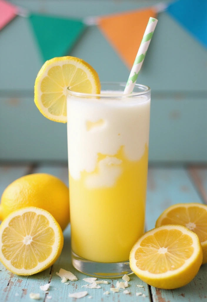 A Coconut Cream and Lemonade Slush in a vibrant glass garnished with lemon slices