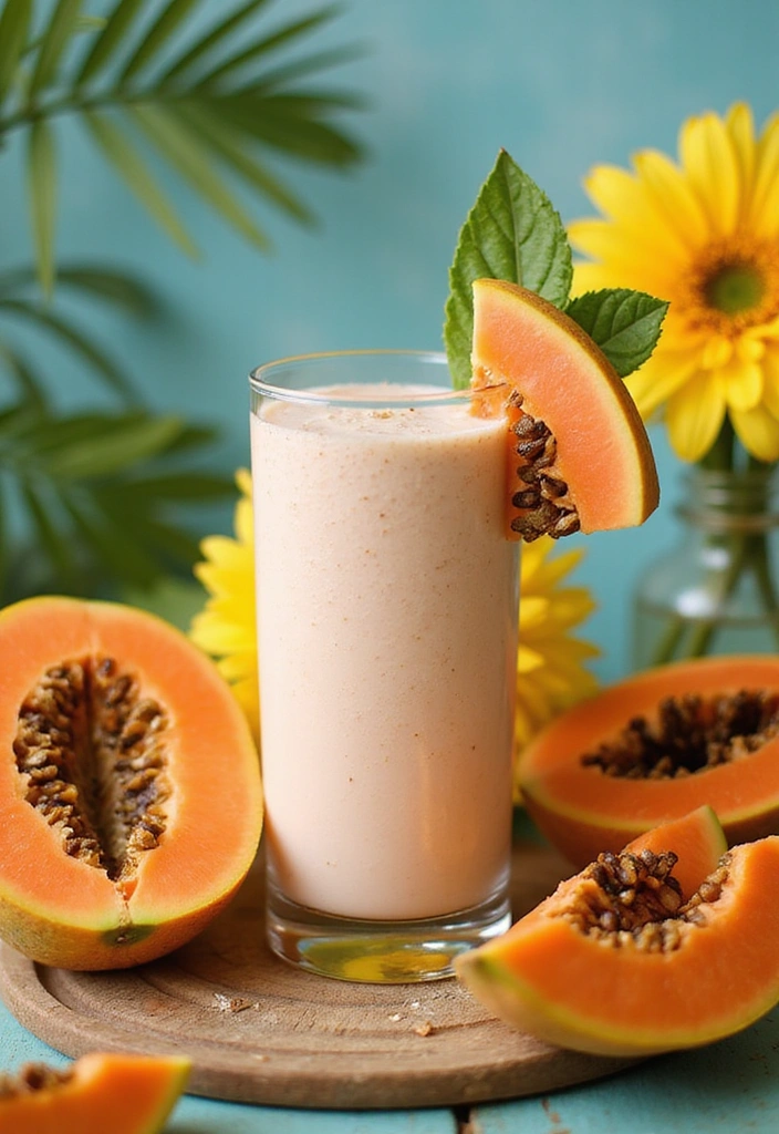 A Coconut Cream and Papaya Smoothie in a clear glass garnished with papaya slices