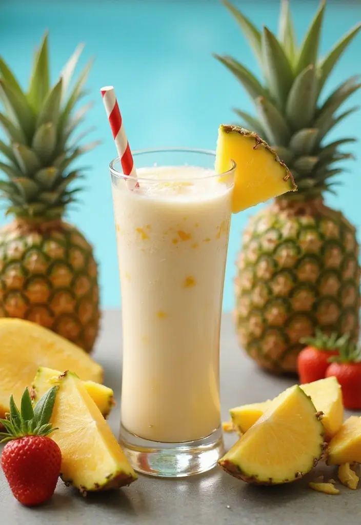 A Coconut Cream and Pineapple Juice Spritzer in a tall glass garnished with pineapple slices, surrounded by a tropical summer setting filled with vibrant colors.