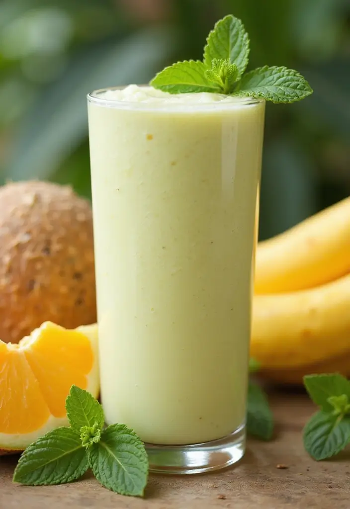 A bright Coconut Honeydew Smoothie in a clear glass garnished with mint leaves, set against a sunny outdoor backdrop filled with tropical fruits.