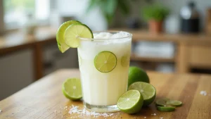 A refreshing Coconut Lime Refresher cocktail, light and creamy, elegantly garnished with lime wedges, presented on a bright outdoor table.