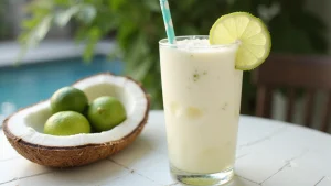 A Coconut Lime Refresher cocktail garnished with lime wedges